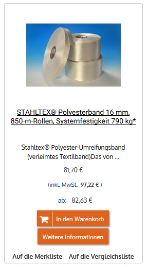 STAHLTEX® Polyesterband 16 mm STAHLTEX® Polyesterband 16 mm, 850-m-Rollen, Systemfestigkeit 790 kg*